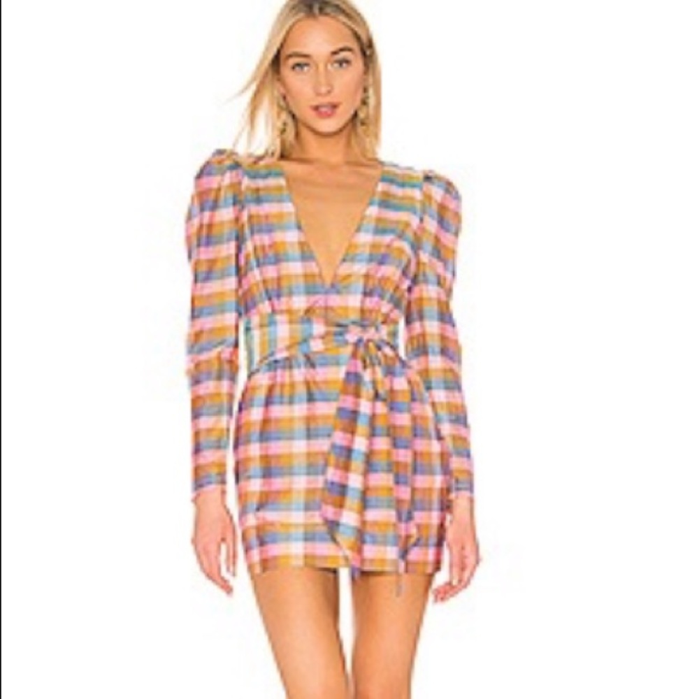 Pink plaid low v neck dress